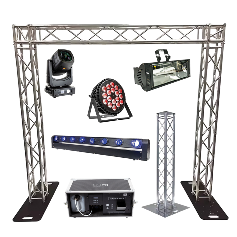 Main Stage lighting kit with moving heads and truss system for events in Ibiza