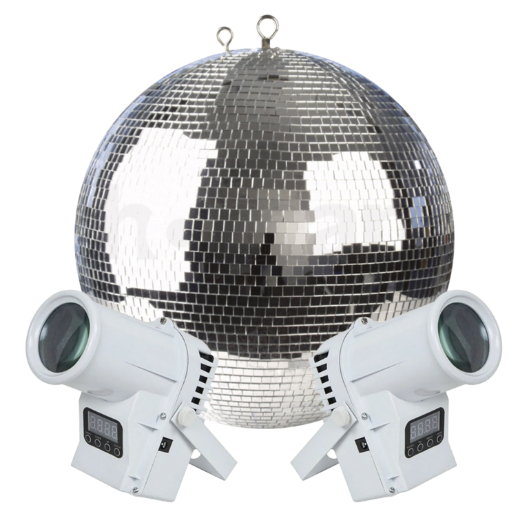 Mirror ball with white pin spot rental Ibiza