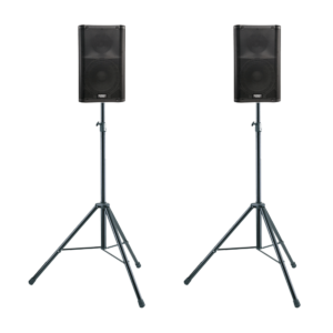 QSC K10.2 active speakers on stands — Lounge Pro sound system rental in Ibiza