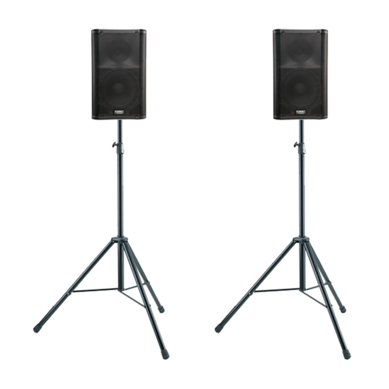 QSC K10.2 active speakers on stands — Lounge Pro sound system rental in Ibiza