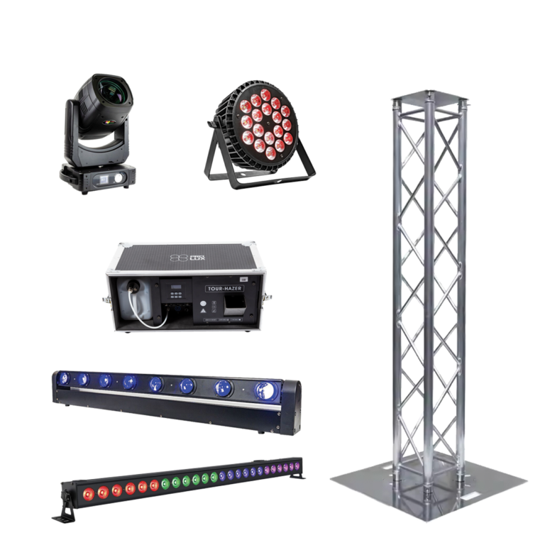 Villa Standard lighting kit with moving heads, LED wash and truss totems for villa parties in Ibiza