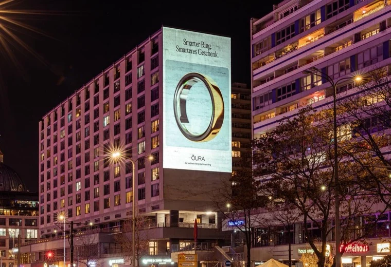 Architectural projection mapping on a city building at night